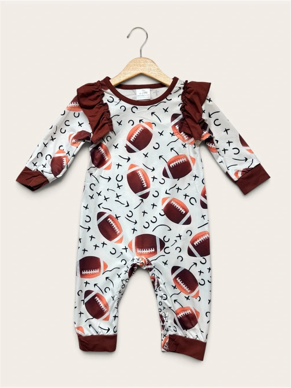 Rylee Faith Fall Football Print Ruffle One-Piece Romper